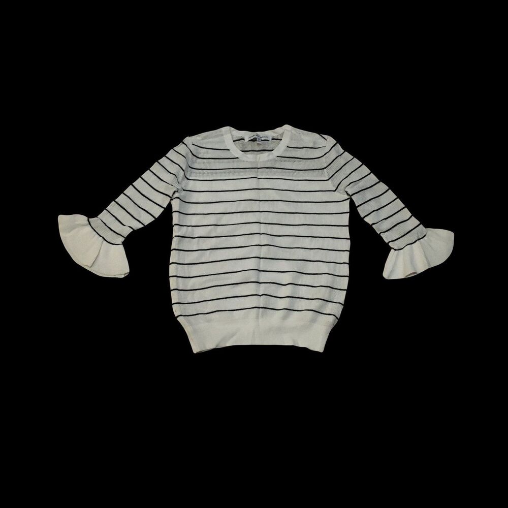 Cupcakes & cashmere SMALL white & black striped 3/4 sleeve light knit semi sheer